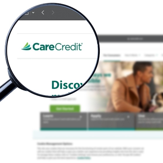 Magnifying glass highlighting CareCredit logo on website